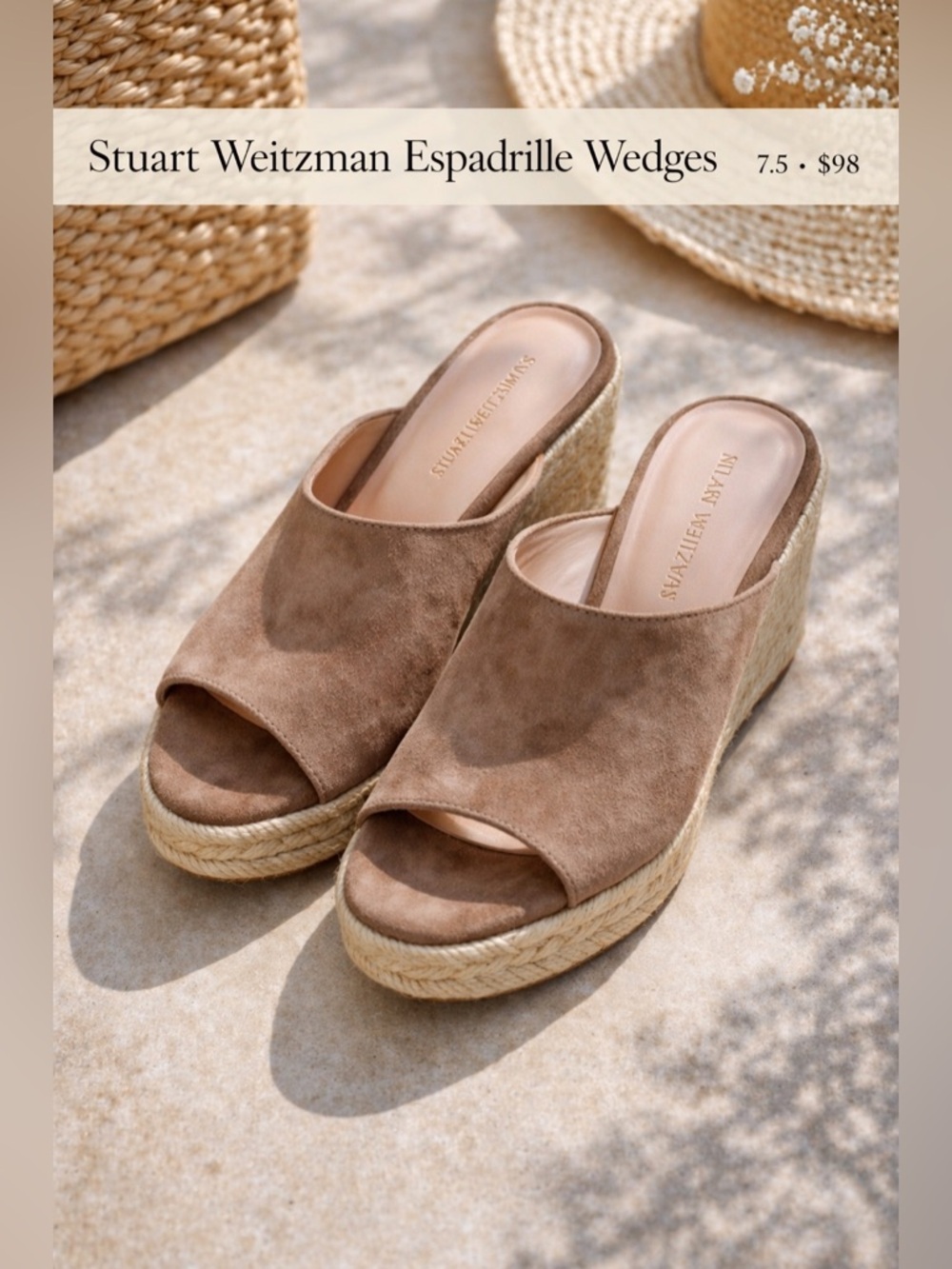 Stuart Weitzman Suede Espadrille Wedge Slides Neutral Tan Size 7.5